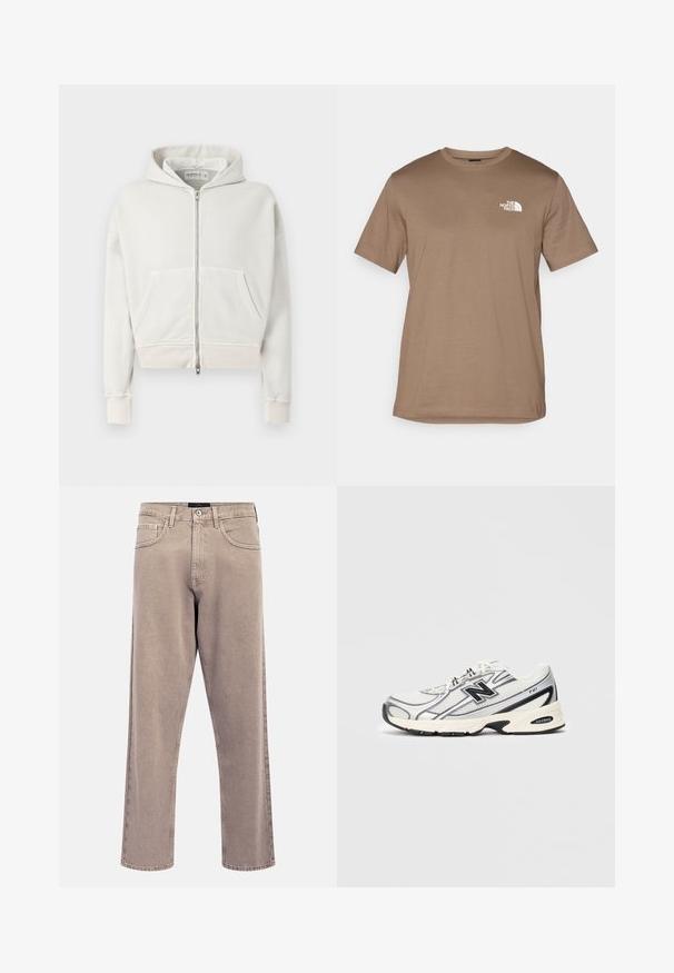Svetlo siva, skrajšana kapuca iz mehke bombažne tkanine. Ima zadrgo spredaj, dva sprednja žepa, rebraste manšete in kapuco s šnurovami.; Brahkovna majica s kratkimi rokavi, izdelana iz bombaža, z rebrastim ovratnikom. Ima majhen bel logo na levi strani prsi.; Svetlo bež kavbojke s pravimi hlačnicami in rahlo posivelo teksturo, z zasnovo s petimi žepi in zaponko z metalnim gumbom. Izstopajoči šivi.; Beli in sivi športni copat z črnim logotipom "N", mrežasto zgornjim delom, podplatom z oblazinjenjem in vezalnim dizajnom, prikazan na enobarvnem svetlo sivo ozadju.