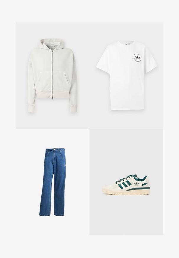 Lichtgrijze, cropped hoodie van zacht katoen. Heeft een ritssluiting aan de voorkant, twee voorzakken, ribgebreide manchetten en een verstelbare capuchon.; Witte katoenen t-shirt met korte mouwen, ronde halslijn en zwart Adidas Originals-logo gedrukt op de linkerborst.; Blauwe hoge taille wijde spijkerbroek met voorzakken, riemlussen, knoopsluiting en klein Adidas-logo op de rechterdij.; Witte sneaker met groene accenten. Beschikt over drie groene strepen, een gestructureerde neuskap en een logo aan de zijkant. Rubberen zool met een gestructureerd patroon.
