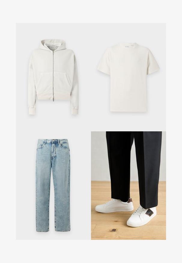 Light gray, cropped hoodie made of soft cotton. Features a zip front, two front pockets, ribbed cuffs, and a drawstring hood.; White short-sleeve T-shirt in a ribbed texture. Round neckline, relaxed fit, no visible patterns or accents. Simple and versatile design.; Light blue straight-leg denim jeans with a button and zipper closure, front pockets, and subtle faded detailing.; White sneakers with smooth texture, featuring brown leather accents and black detailing, paired with black tailored pants. Wooden floor background.