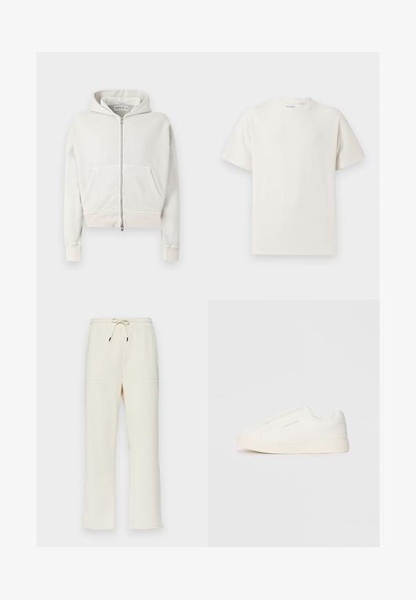 Lichtgrijze, cropped hoodie van zacht katoen. Heeft een ritssluiting aan de voorkant, twee voorzakken, ribgebreide manchetten en een verstelbare capuchon.; Witte korte mouwen T-shirt met ribbelstructuur. Ronde hals, ontspannen pasvorm, geen zichtbare patronen of accenten. Eenvoudig en veelzijdig ontwerp.; Crèmekleurige geribbelde sweatpants met een drawstring tailleband, voorzien van twee zijzakken en een rechte pijpdesign.; Witte instap sneakers met een gestructureerd oppervlak, een dikke zool en een minimalistisch ontwerp. Bevat het merklogo aan de zijkant.