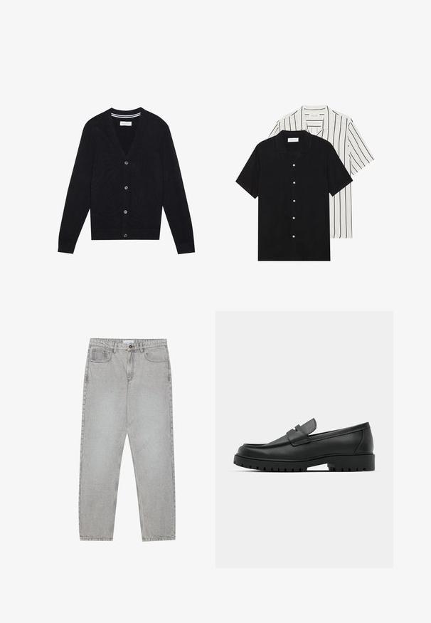 Sort cardigan med v-hals, lange ærmer og fem knaplukninger. Har ribbede manchetter og liv, strikket struktur og diskret stribet detalje indeni kraven.; To korteærmede skjorter: en ensfarvet sort og en hvid med sorte lodrette striber. Begge har knaplukninger og en klassisk krave.; Lysegrå denimbukser med lige ben, fem lommer og knaplukning. Synlig syning langs sømmene.; Sorte læder loafers med rund tå, der har et syet design, lav platformssål og en struktureret, skridsikker gummisål.