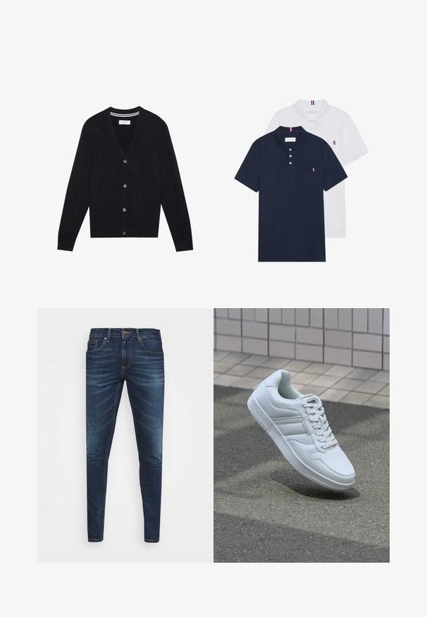 Zwarte cardigan met een V-hals, lange mouwen en vijf knoopsluitingen. Bevat ribgebreide manchetten en tailleband, gebreide textuur en een subtiele streepdetailed binnen de kraag.; Twee polo shirts: één marineblauw en één wit, beide met een kleine rood, wit en blauwe accent op de borstzak en kraag.; Donkerblauwe denim jeans met een slim fit, subtiele vervaging, vijf zakken en een metalen knoopsluiting. Gestikte accenten in contrasterende kleur.; Witte sportsneaker met een glad leren bovenwerk, vetersluiting aan de voorkant, geperforeerde neus en een geprofileerde zool. Minimalistisch ontwerp met drie zijstrepen.