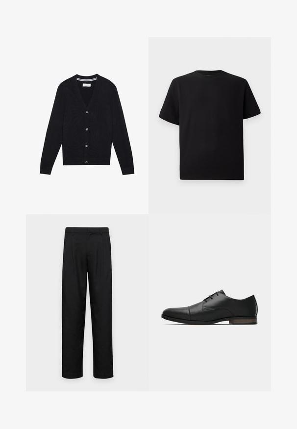 Cardigan nero con scollo a V, maniche lunghe e cinque bottoni. Presenta polsini e vita a coste, texture in maglia e un sottile dettaglio a strisce all'interno del colletto.; T-shirt corto nero a maniche corte realizzato in tessuto testurizzato, con scollatura rotonda e vestibilità comoda. Semplice, senza motivi o dettagli.; Pantaloni neri realizzati in tessuto liscio, caratterizzati da un taglio dritto, due pieghe frontali e una vita standard con passanti per la cintura.; Scarpa derby da uomo in pelle nera con punta tonda, cuciture a cappuccio, tre fori per i lacci e tacco basso impilato marrone, vista laterale.
