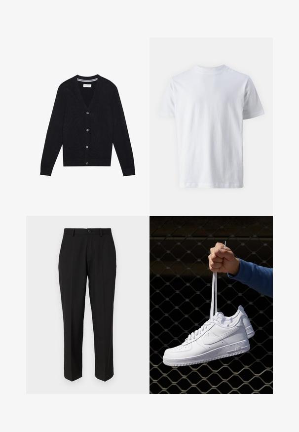 Schwarze Strickjacke mit V-Ausschnitt, langen Ärmeln und fünf Knopfverschlüssen. Besitzt gerippte Bündchen und einen gerippten Saum, eine gestrickte Textur und dezente Streifendetails im Kragen.; Weißes T-Shirt mit kurzen Ärmeln aus Baumwolle, mit Rundhalsausschnitt und glatter Textur, gerader Schnitt und ohne Muster.; Schwarze Hosen aus glattem Stoff mit geradem Bein, Fronttaschen, einem einzigen Knopfverschluss und ohne sichtbare Muster.; Weiße Leder-Sneaker mit Perforationen, runder Zehenpartie, flacher Sohle und dicken Schnürsenkeln, mit sichtbar eingesticktem Swoosh-Logo und "AIR" an der Ferse.