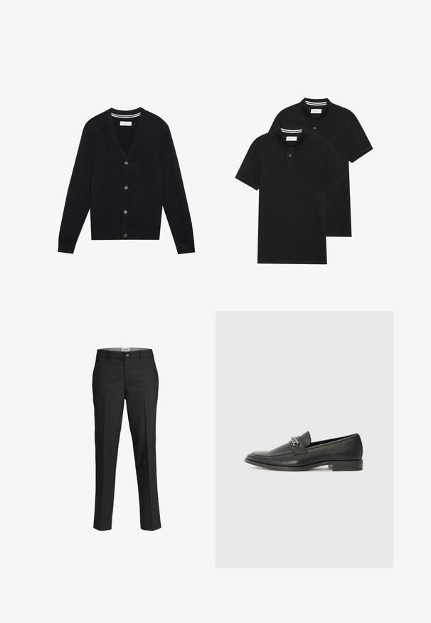 Melnā kardiganā ar V veida kakla izgriezumu, garām piedurknēm un piecām pogām. Ievērojami ribota piedurkņu un jostas daļa, adījuma tekstūra un smalka svītra detaļa ap kakla izgriezumu.; Divas melnas polo krekli, īsām piedurknēm, no kokvilnas materiāla, ar klasisku apkakli, divu pogu aizdari un balti svītroti akcenti apkakles iekšpusē.; Melni bikses, pielāgota piegriezuma, gluda auduma, vidēji augsta josta, priekšējā pogu aizdare, diagonalās kabatas un gurnu daļā ir krokas.; Melna ādas loafer izmēra apavi ar gludu virsmu, piedāvā ar šūtu dizainu un dekoratīvu metāla ķēdes akcentu pār vampu. Plakana papēža daļa.
