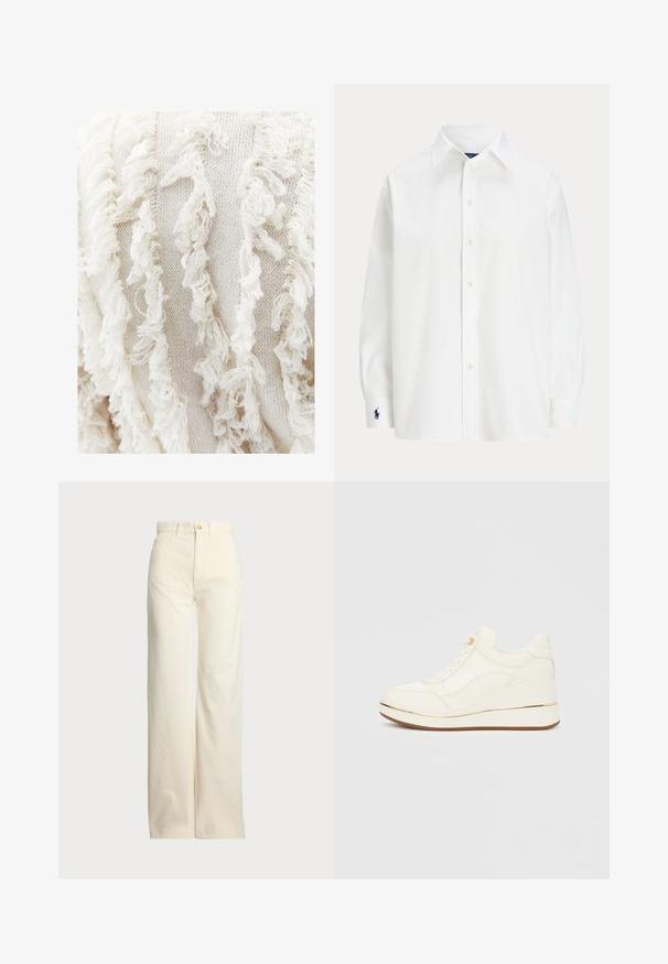 Kudotut valkoiset kankaat, joissa on hankaantuneita säikeitä, luovat monikerroksisen ilmeen. Kankaan sävyissä ja kuvioissa on hienovaraisia vaihteluita.; Valkoinen nappikauluspaita pitkillä hihoilla, klassinen kaulus ja pieni sininen logo hihassa. Silkkinen puuvillakangas, muotoiltu istuvuus.; Polo Ralph Lauren COTTON CORDUROY WIDE-LEG PANT - Housut - warm white; Valkoiset tennarit, joissa on teksturoitu muotoilu, pyöreä kärki, nyöritys edessä ja kiilakorko, jota korostaa kultainen raita. Kumipohja.