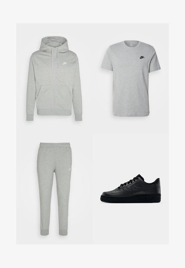 Fleece cinzento com fecho éclair, feito de um tecido suave. Apresenta um bolso frontal, capuz com cordão e um pequeno logótipo branco da Nike no peito.; T-shirt cinza de manga curta em algodão, com um logo preto da Nike no peito e um decote redondo. Design minimalista sem padrões.; Sweatpants cinzas feitos de um tecido suave, com design de pernas ajustadas, cintura elástica e pequeno logótipo branco da Nike na coxa esquerda.; Sapatilha Nike Air Force 1 preta com parte superior em couro liso, bico perfurado para respirabilidade, atacadores pretos e sola de borracha texturizada.