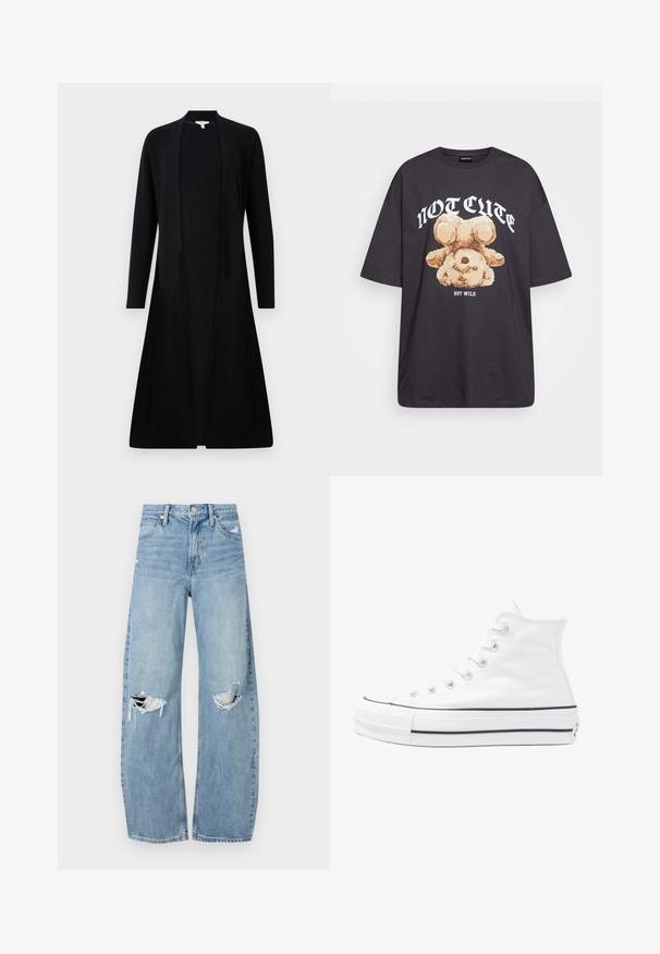 Lange, open voorkant cardigan van zwarte ribgebreide stof, met lange mouwen en een vloeiende uitstraling, voorzien van een rechte zoom.; Zwart oversized t-shirt met een afbeelding van een beer en de tekst "NIET SCHATTIG, MAAR WILD" in grote, witte letters. Gemaakt van katoen.; Lichtblauwe, hooggeritste jeans van denim. Beschikken over wijde pijpen, twee gescheurde knievalken en klassieke vijfzakken styling.; Witte high-top canvas sneakers met een zwarte rubberen zool, een rubberen neuskap aan de voorkant en zes gaatjes voor veters, met een schone, minimalistische uitstraling.