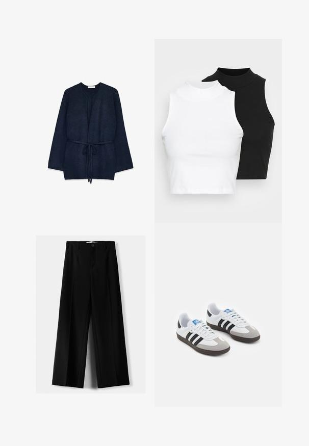 Tummansinisestä, neulotusta neuletakista, jossa on vyö vyötäröllä, avonainen etuosa ja pitkät hihat. Pehmeä tekstuuri ja minimalistinen muotoilu, ilman kiinnikkeitä.; Kaksi hihattomaa ribattua kauluspaitaa mustana ja valkoisena, joissa on istuva muotoilu ja sileä rakenne, sekä lyhyt pituus.; Mustat leveälahkeiset housut, jotka on valmistettu kevyestä kankaasta. Housuissa on etunappikiinnitys ja tasainen etuosa, sekä huolellisesti ommellut helmat.; Urheilukengät, joissa on valkoinen nahkainen päällinen, harmaa mokkanokka ja kolme mustaa raitaa. Ominaisuuksina sininen logo kielekkeessä ja kuvioitu kumipohja.