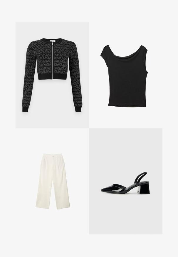 Schwarzer, kurz geschnittener Cardigan mit Reißverschluss vorne, mit einem strukturierten Muster aus wiederkehrenden Buchstaben und langen Ärmeln mit gerippten Bündchen.; Schwarzes Kurzarmoberteil aus glattem Stoff; hat einen drapierten Ausschnitt und einen asymmetrischen Saum, mit einem figurbetonten Körper.; Helle Stoffhose mit weitem Bein und glatter Textur, ausgestattet mit einem einzelnen Knopf vorne, dezenten Falten und einem Hochbund-Design.; Schwarze Lackleder-Slingback-High Heels mit spitzem Schuh und einem geometrischen Blockabsatz. Verfügt über ein schlankes, minimalistisches Design und eine glatte Textur.