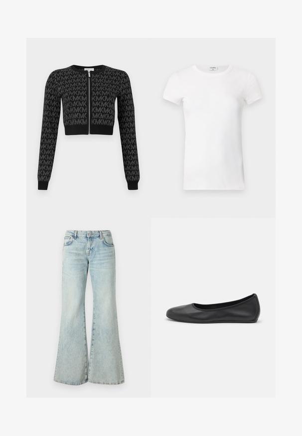 Černý krátký kardigan na zip, s texturovaným vzorem opakujících se písmen a dlouhými rukávy s žebrovanými manžetami.; Bílý žebrovaný tričko s krátkým rukávem a kulatým výstřihem. Tkanina vypadá hladce a má těsný siluetu. Značkový štítek je viditelný na límci.; Světle modré zvonové džíny vyrobené z denimu, s vysokým pasem, kapsami a roztrhanými lemy. Tkanina má vybledlý omak a jemnou strukturu.; Černé kožené baletní byty s kulatou špičkou, hladkou texturou, minimálními švy a flexibilním designem podrážky.