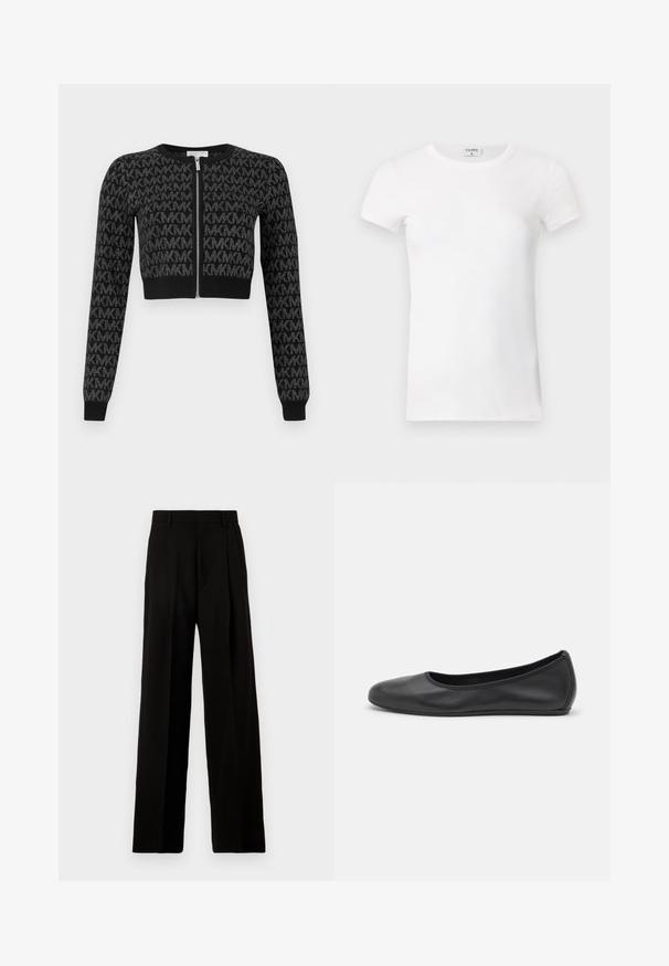Fekete, rövidített kardigán cipzáras elülső résszel, ismétlődő betűmintázattal és hosszú ujjakkal, bordázott mandzsettákkal.; Fehér bordás, rövid ujjú póló, kerek nyakkal. Az anyag simának tűnik, testhezálló fazonnal. A márkázott címke a gallérnál látható.; Fekete, bő szárú nadrág sima anyagból, magas derékkal, elülső redőkkel és letisztult, szabott kialakítással, díszítés nélkül.; Fekete bőr balettcipő lekerekített orral, sima tekstúrával, minimális varrással és rugalmas talp kialakítással.