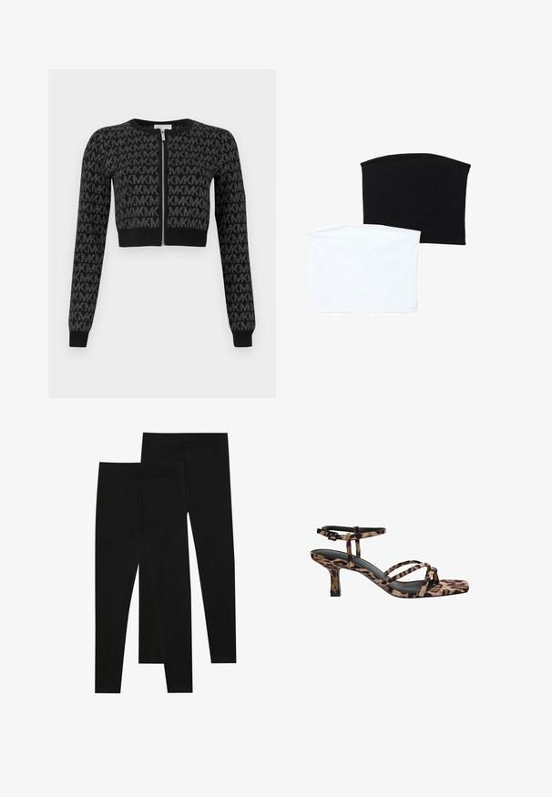 Čierny krátky kardigán so zipsom vpredu, s textúrovaným vzorom opakujúcich sa písmen a dlhými rukávmi s rebrovanými manžetami.; Dva bezšvové šály: jeden čierny a jeden biely. Obe sú vyrobené z mäkkej, elastickej látky a majú hladkú textúru bez vzorov.; Čierne legíny vyrobené z elastického materiálu, s bezšvovým pásom a elegantným strihom, vhodné na bežné nosenie alebo cvičenie.; Sandále na podpätku s leopardím vzorom, s hranatou špičkou, viacerými popruhmi a stredne vysokým podpätkom. Vyrobené z mäkkého textilného materiálu.