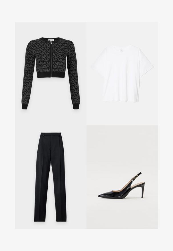 Zwarte cropped cardigan met een rits aan de voorkant, voorzien van een textuurpatroon van herhalende letters en lange mouwen met geribbelde boorden.; Witte katoenen t-shirt met korte mouwen, ronde halslijn, comfortabele pasvorm en gestikte zoom. Etiket zichtbaar aan de binnenzijde van de hals.; Zwarte broek gemaakt van gladde stof met een hoge taille, wijde benen, voorplooien en klassieke ceintuurlussen. Geen zijzakken zichtbaar.; Zwarte gepatineerde leren slingback pump met een puntige neus, slanke hak en een subtiel uitgesneden ontwerp. Bevat een gouden gesp op de band.