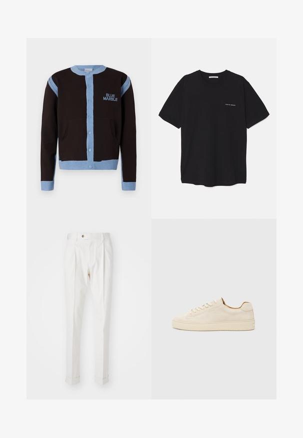 Cardigã preto com detalhes em azul claro, apresentando uma frente com botões e bolsos. O logótipo "BLUE MARBLE" está bordado em azul no peito.; T-shirt preta de algodão com gola redonda, mangas curtas e impressão de logó tipo branca no lado esquerdo do peito. Design simples, de cor sólida.; Calças brancas, ajustadas, com frente lisa, duas pregas e bainhas viradas. Feitas de um tecido suave com fecho de botão na cintura.; Sapatilhas de camurça bege com um design de cano baixo, bico redondo, atacadores planos e uma sola de borracha texturizada. Estilo minimalista sem logótipos visíveis.