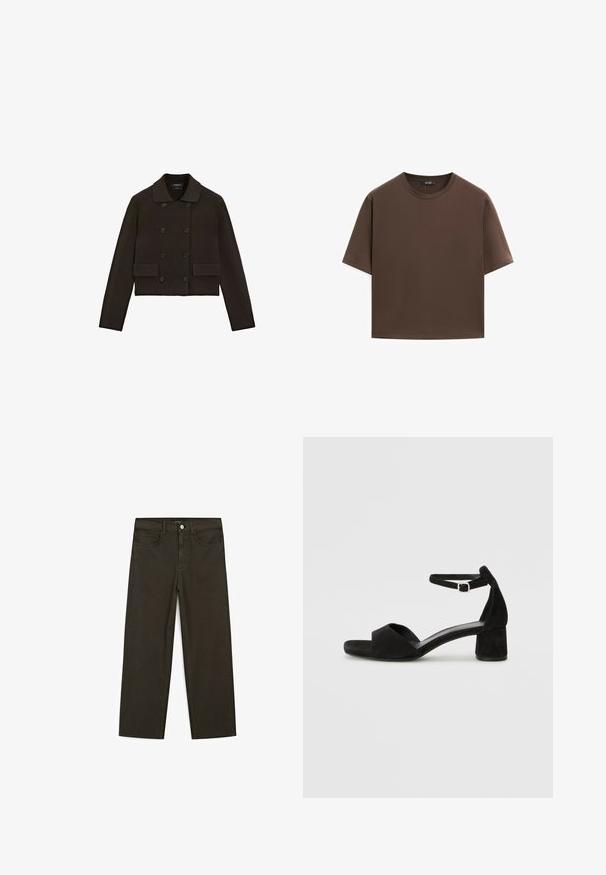 Donkerbruin kort jasje met ribbelzoom, dubbele knopen aan de voorkant, grote zwarte knopen en twee opgestikte zakken. Soepele gebreide textuur.; Bruine katoenen t-shirt, korte mouwen, ronde hals, relaxte pasvorm, gladde textuur, minimalistisch ontwerp, geen zichtbare patronen of accenten.; Donkergroene wijde jeans van een katoenmix, met een sluiting met een voorste knop, vijf zakken en klassieke denimstiksels.; Zwarte suede hakken met een dunne enkelband, open teen ontwerp en een bescheiden blokhak. Zachte textuur en minimale accenten.