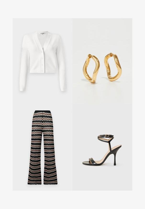 Fehér rövidített kardigán V-nyakkal, gombos elülső résszel és lyukacsos részletekkel ellátott bordás ujjal. Puha anyag, sima textúrával.; Even&Odd Petite 2 PACK - Felső - light grey/black; Zigzag mintázatú, fekete, fehér és barna felnőtt kötött trapéznadrág. Texturált felülettel és rugalmas derékpánttal rendelkezik.; Fekete lakkbőr, magassarkú szandál vékony bokapánttal és csattal, nyitott orral és karcsú stiletto sarokkal fehér háttér előtt.; Aranyszínű karikafülbevalók íves, szabálytalan formával és sima, fényes felülettel. Nincsenek látható hardverek vagy díszítések.