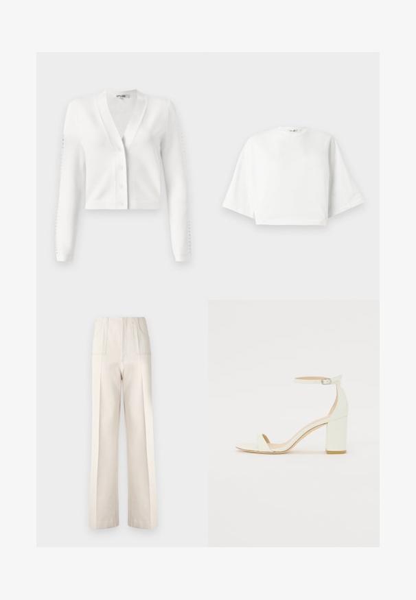 Biely skrátený kardigán s V-výstrihom, zapínaním na gombíky a rebrovanými rukávmi s dierkovaným detailom. Mäkkučký materiál s hladkou textúrou.; Biely skrátený tričko s voľným strihom, krátkymi širokými rukávmi, okrúhlym výstrihom a bočnými rozparkami, vyrobené z mäkkej bavlny.; Béžové nohavice s širokými nohavicami a vysokým pásom, s dvoma prednými vreckami a viditeľnými švami. Vyrobené z hladkej, ľahkej tkaniny.; Biele kožené sandále na blokovom podpätku s remienkom okolo členku a minimalistickým dizajnom. Otvorená špička a hladké textúry po celom povrchu.