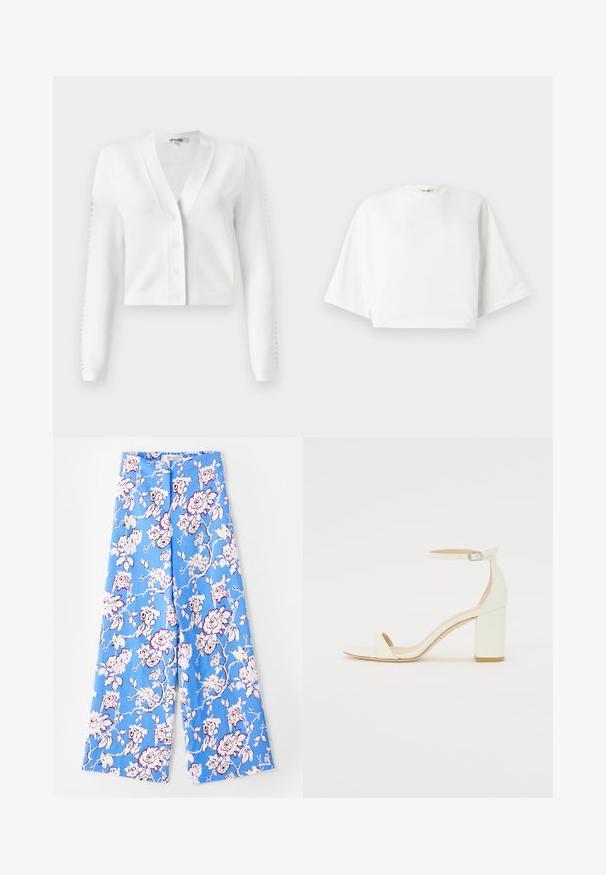 Biely skrátený kardigán s V-výstrihom, zapínaním na gombíky a rebrovanými rukávmi s dierkovaným detailom. Mäkkučký materiál s hladkou textúrou.; Biely skrátený tričko s voľným strihom, krátkymi širokými rukávmi, okrúhlym výstrihom a bočnými rozparkami, vyrobené z mäkkej bavlny.; Modré kvetinové nohavice s jemným vzorom ruží. Tkanina je hladká s voľným strihom, širokými nohavicami a elastickým pásom.; Biele kožené sandále na blokovom podpätku s remienkom okolo členku a minimalistickým dizajnom. Otvorená špička a hladké textúry po celom povrchu.