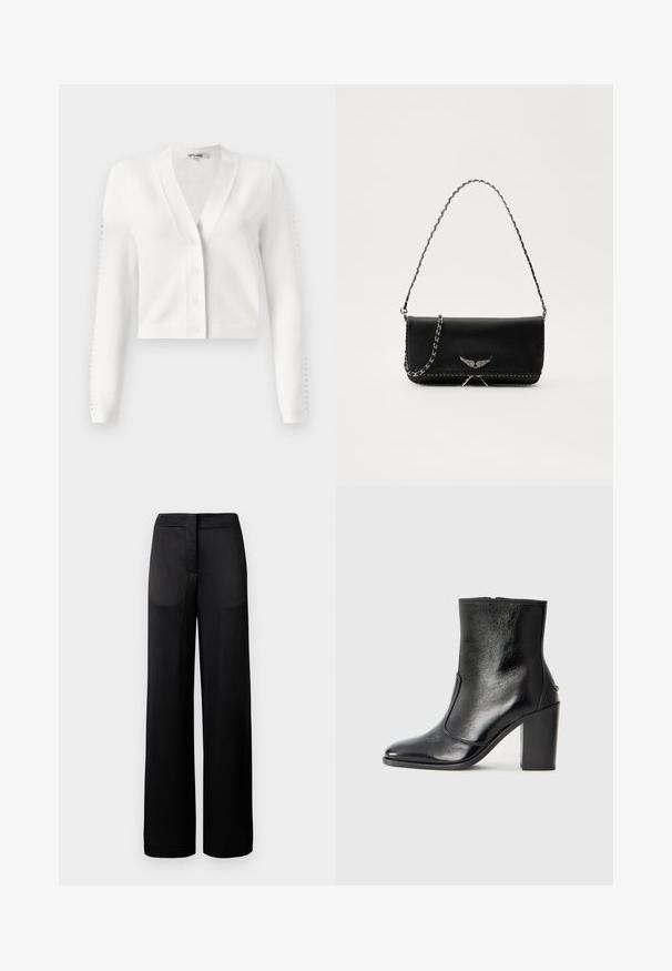 Balta īsā kardigāna jaka ar V-veida kaklu, pogu priekšpusi un ribotām piedurknēm ar caurumu detaļām. Mīksta auduma, gluda tekstūra.; Melnā īsām piedurknēm t-krekls ar V-veida kakla izgriezumu, izgatavots no gluda, elastīga auduma. Piedāvā vienkāršu, klasisku siluetu bez rotājumiem.; Platas kājas melnas bikses ar teksturētu virsmu, ar plakanu jostu un divām sānu kabatām. Audums izskatās viegls un plūstošs.; Melnas ādas potīšu zābaki ar gludu tekstūru, smailu purngalu un masīlu augstu papēdi. Iekļauts sānu atvērums un minimālistisks dizains.; Melnas ādas rokassomā ar sudraba ķēdes siksnu, kurai ir dekoratīvi spārnu akcenti un baltā šuvēšana apakšējā šuvē.