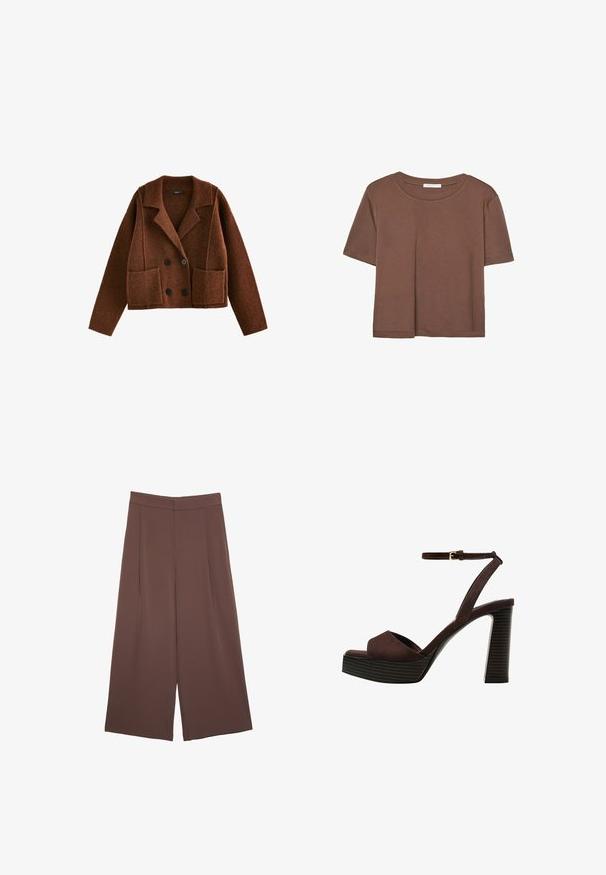 Next SMART COLLARED - Kardigán - brown rust; Hnedé tričko s krátkym rukávom vyrobené z jemného materiálu, s okrúhlym výstrihom a voľným strihom. Žiadne viditeľné vzory ani akcenty.; Hnedé nohavice so širokými nohavicami a hladkou textúrou, s vysokým pásom a prednými skladmi. Tkanina je ľahká a voľne sa pohybuje.; Hnedé semišové sandále na vysokom podpätku s otvorenou špičkou, nastaviteľným členkovým remienkom a pruhovanou platformovou podrážkou.
