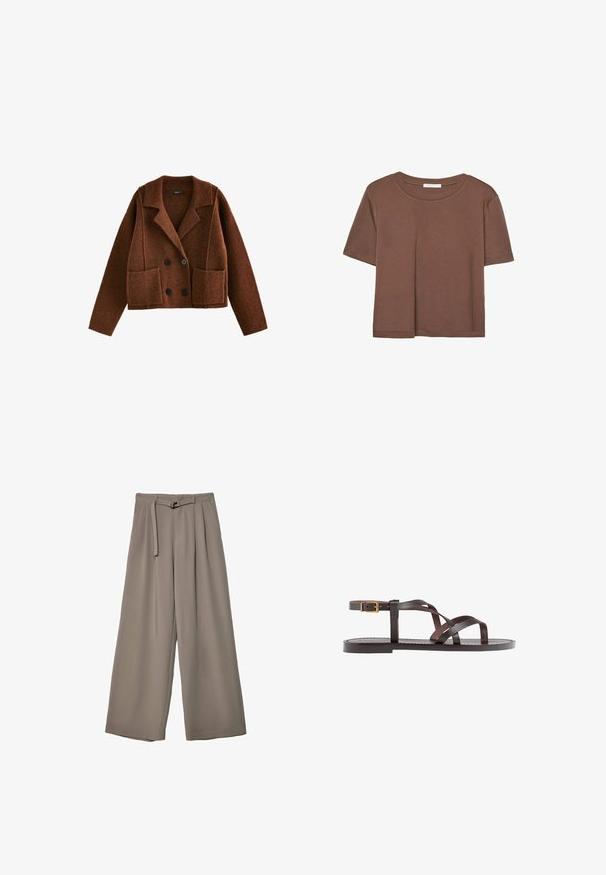 Next SMART COLLARED - Strickjacke - brown rust; Braunes, kurzärmliges T-Shirt aus weichem Material mit rundem Halsausschnitt und lockerer Passform. Keine sichtbaren Muster oder Akzente.; Weite Hose aus einem weichen, gedämpften grauen Stoff, mit einem taillierten Bund und Falten für zusätzliche Design-Details. Glatte Textur, keine Muster.; Braune Leder-Sandale mit überkreuzten Riemen, einem Knöchelriemen mit Schnalle und einer flachen Sohle mit minimalen Nähdetails.
