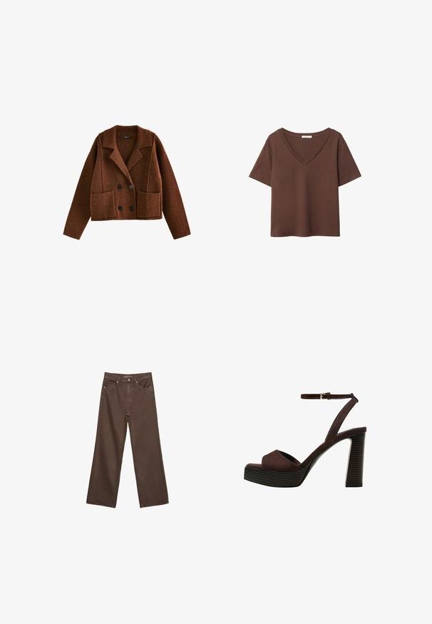 Next SMART COLLARED - Strickjacke - brown rust; Braunes Baumwoll-T-Shirt mit kurzen Ärmeln und tiefem V-Ausschnitt. Einfaches Design, weiche Textur und gerade Saumlinie. Keine Muster oder Akzente.; Weite braune Jeans aus Denim, mit hoher Taille, Fronttaschen und klassischem Knopfverschluss. Glatte Textur mit feinen Nähten.; Braune Wildleder-Pumps mit offenem Zeh, verstellbarem Knöchelriemen und gestreiftem Plateausohlen.