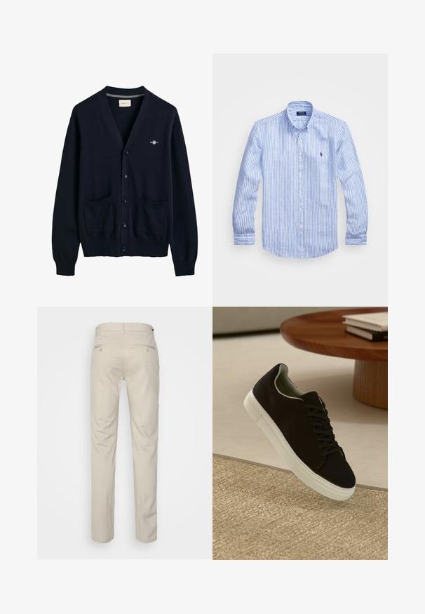 Granatowy kardigan z miękkiego materiału, z dekoltem w serek, zapięciem na guziki z przodu, dwoma przednimi kieszeniami i małym logo na piersi.; Niebiesko-biała, w paski, koszula z długim rękawem, wykonana z bawełny, z kołnierzykiem zapinanym na guziki, guzikami z przodu oraz małym haftowanym logo na klatce piersiowej.; Beżowe spodnie o gładkiej fakturze, prostym kroju, z dwiema tylnymi kieszeniami z guzikami i standardowym pasem.; Czarny sneaker z białą podeszwą unoszący się nad beżowym, teksturowanym dywanem w pobliżu okrągłego drewnianego stołu z poukładanymi książkami.