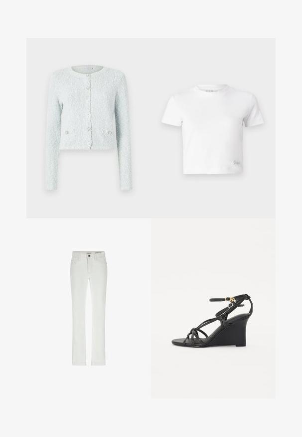 Šviesiai mėlynas trumpas megztinis, pagamintas iš tekstūruotos medžiagos, su ilgomis rankovėmis, apvaliu iškirpimu ir penkiais mygtukais su dekoratyviniais akcentais.; Balta trumpa marškinėlių suapvalinta iš lygios medvilnės, su aukštu iškirpimu ir trumpomis rankovėmis. Mažas išsiuvinėtas logotipas apatinėje kampe.; Balti džinsai su siauru siluetu, 5 kišenėmis ir kontrastingomis siūlėmis. Yra sagos uždarymas ir subtilus prekės ženklas ant liemens.; Juodos platforminės šlepetės su plonomis kryžminėmis juostelėmis ir reguliuojamu kulkšnies dirželiu su auksine sagtimi. Lygaus odos paviršiaus apdaila.