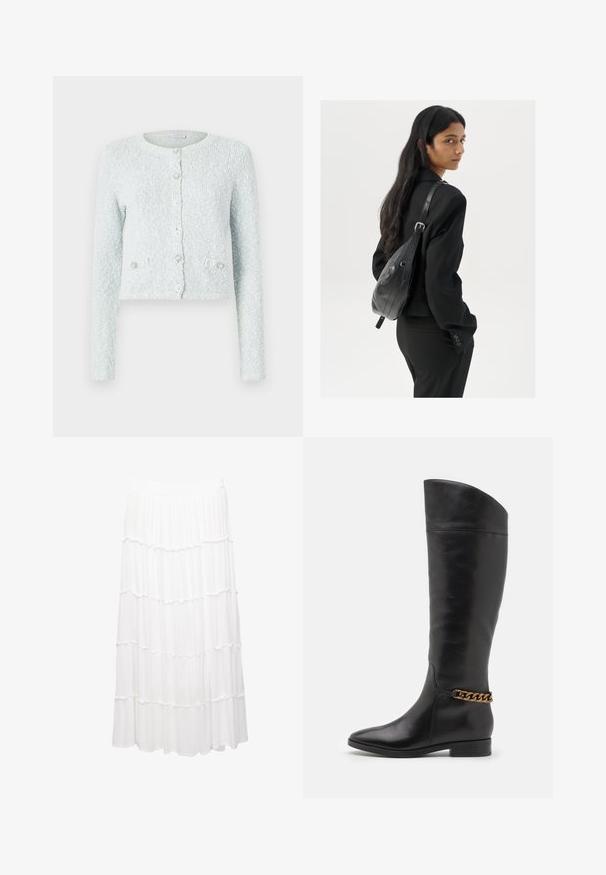 Cardigan corto azzurro chiaro realizzato in tessuto texturizzato, con maniche lunghe, scollatura rotonda e cinque bottoni con accenti decorativi.; Top senza maniche bianco realizzato in tessuto a coste, caratterizzato da un collo arrotondato e una silhouette aderente, con cuciture minime e senza decorazioni.; Gonna bianca a strati realizzata in tessuto leggero, con una cintura elastica, strati arricciati e un design fluido che arriva fino a metà polpaccio.; Alti stivali in pelle nera dal design elegante, punta affusolata e dettagli in catena dorata alla caviglia. Tacco a blocco basso. Texture liscia.; Donna con lunghi capelli scuri, vestita con un completo nero, che porta una borsa a tracolla in pelle nera, mentre guarda oltre la spalla su uno sfondo bianco.