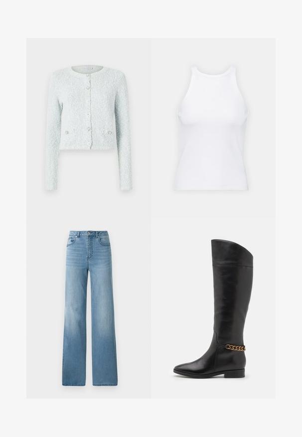 Svijetloplavi skraćeni kardigan napravljen od teksturirane tkanine, s dugim rukavima, okruglim izrezom i pet dugmadi s dekorativnim detaljima.; Bijela majica bez rukava napravljena od rebraste tkanine, s okruglim izrezom i uklapajućim siluetom, s minimalnim šavovima i bez ukrasa.; Svijetloplavi traperice visokog struka s ravnim krojem. Izrađene od denima, imaju pet džepova i zatvaranje na gumbe.; Visoke crne kožne čizme s elegantnim dizajnom, šiljastim vrhom i zlatnim lančićem oko gležnja. Nizak blok potpetica. Glatka tekstura.