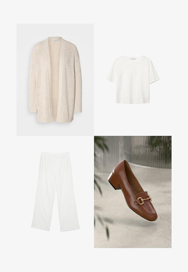 Pleteni kardigan v svetlo bež barvi z odprtim sprednjim delom, sproščenim krojem, rebrastimi manšetami in mehkim, teksturiranim materialom. Brez zaponk.; Bela kratka majica s kratkimi rokavi iz bombaža. Ima okroglo izrezovanje in sproščen kroj. Gladka tekstura brez vidnih vzorcev ali poudarkov.; Široke hlače iz belega blaga, ki se ponašajo z gladko teksturo, sprednjimi žepi in klasičnim pasom z zankami za pas.; Rjavi lakirani loafer z kvadratnim nosom, kovinsko verigo kot okrasom in nizko blok podplatom; gladka tekstura, minimalističen dizajn.