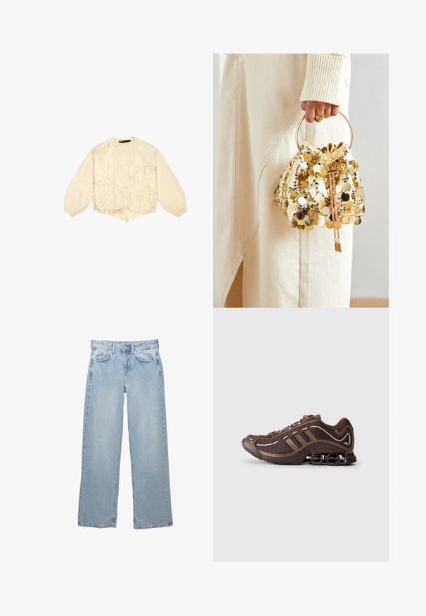 Slonovinový kardigán s fringingovými akcentmi, pletená textúra, hlboký V-výstrih, dlhé balónové rukávy, skrátená dĺžka a otvorený predný dizajn.; Čierny top s dlhými rukávmi vyrobený z mäkkej tkaniny, s drapovaným dizajnom a prekríženým predným dielom, doplnený o lodičkový výstrih. Hladká textúra, skrátená dĺžka.; Svetlomodré denimové nohavice so širokým strihom, s uzáverom na gombík a zips, piatimi vreckami a minimálnymi šitými detailmi.; Hnedá atletická obuv s vrchnou časťou z mäkkej sieťoviny a syntetických materiálov, so znakmi troch pruhov, detailným prešívaním, mäkkou podrážkou a charakteristickým pružným podpätkom.; Zlatá taška na šnurovanie so zaoblenou rukoväťou, zdobená lesklými okrúhlymi flitrami a texturovaným materiálom. Rozmery nie sú uvedené.