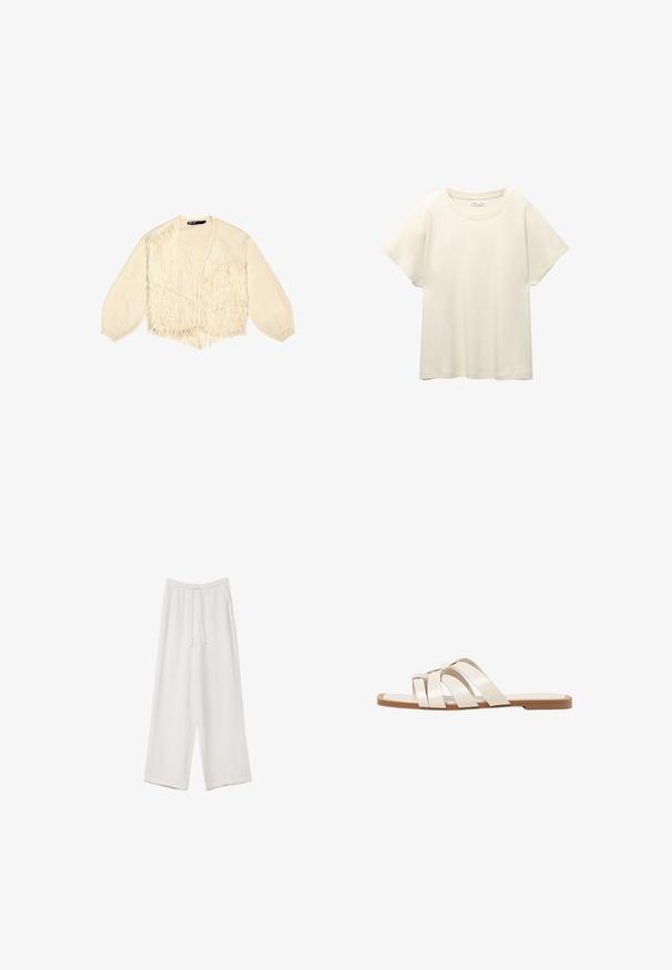 Ivory kardigan z resicami, pletena tekstura, globok V-izrez, dolgi balonasti rokavi, krajša dolžina in odprta sprednja zasnova.; Svetlo bež kratkosleeven majica s okroglim ovratnikom, izdelana iz mehke, gladke tkanine. Ima sproščen kroj in raven rob.; Bele široke hlače iz lahkega materiala. Imajo elastičen pas s vrvico in stranske žepe. Gladka tekstura.; Ravne sandale s svetlo rjavim gumijastim podplatom, zasnovane s tremi prekrivajočimi se belimi usnjenimi trakovi in majhnim lokom na sredini.