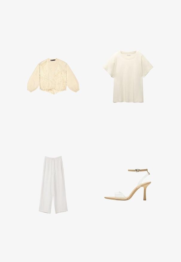 Ivory kardigan z resicami, pletena tekstura, globok V-izrez, dolgi balonasti rokavi, krajša dolžina in odprta sprednja zasnova.; Svetlo bež kratkosleeven majica s okroglim ovratnikom, izdelana iz mehke, gladke tkanine. Ima sproščen kroj in raven rob.; Bele široke hlače iz lahkega materiala. Imajo elastičen pas s vrvico in stranske žepe. Gladka tekstura.; Sandal z jasnim petnikom s prozornim zgornjim delom, bež podplatom in sivim trakcem okoli gležnja. Ima koničast nos in tanek visoki petek.