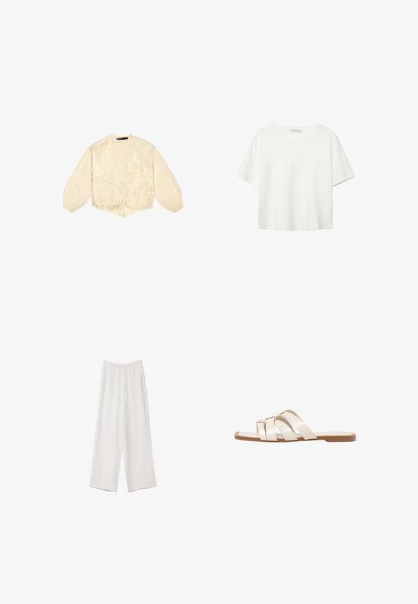 Kardigan w kolorze kości słoniowej z frędzlami, dzianinowa tekstura, głęboki dekolt w serek, długie bufiaste rękawy, krótka długość oraz otwarty krój.; Biała koszulka z krótkim rękawem, wykonana z bawełny. Posiada okrągły dekolt i luźny krój. Gładka faktura bez widocznych wzorów czy akcentów.; Białe spodnie o szerokich nogawkach wykonane z lekkiego materiału. Posiadają elastyczny pas z sznurkiem i boczne kieszenie. Gładka tekstura.; Płaskie sandały z brązową gumową podeszwą, zaprojektowane z trzema nakładającymi się na siebie białymi skórzanymi paskami i małym detalem w postaci kokardy na środku.