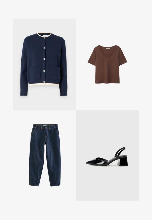 VILA VIINGRID - Jopica - navy; Rjava bombažna majica s kratkimi rokavi in globokim V-izrezom. Preprost dizajn, mehak material in raven rob. Brez vzorcev ali dekorativnih elementov.; Temno modri kavbojki z ohlapnim krojem, ki imajo pet žepov, pasko za pas in kontrastne rumene šive. Čista, strukturirana tkanina.; Črne lakirane slingback pete s koničastim nosom in geometrijsko blokasto peto. Imajo eleganten, minimalističen dizajn in gladko teksturo.