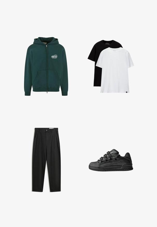 Tmavozelená mikina na zips, vyrobená z bavlny, s predným vreckom a kapucňou, s nápisom "ANOTHER COTTON LAB" vytlačeným bielou farbou na ľavej hrudi.; Dve tričká so štandardným strihom, jedno čierne a jedno biele, vyrobené z bavlny. Každé má okrúhly výstrih a krátke rukávy. Jednoduchý dizajn, bez vzorov.; Čierne bavlnené nohavice s voľným strihom, s klasickým pásom, prednými záhybmi a bočnými vreckami. Hladká textúra bez vzorov.; Čierne tenisky s hladkým koženým zvrškom, štruktúrovanými akcentami a okrúhlymi čierno-bielymi šnúrkami. Hrubá gumená podrážka s vzorovaným dezénom.