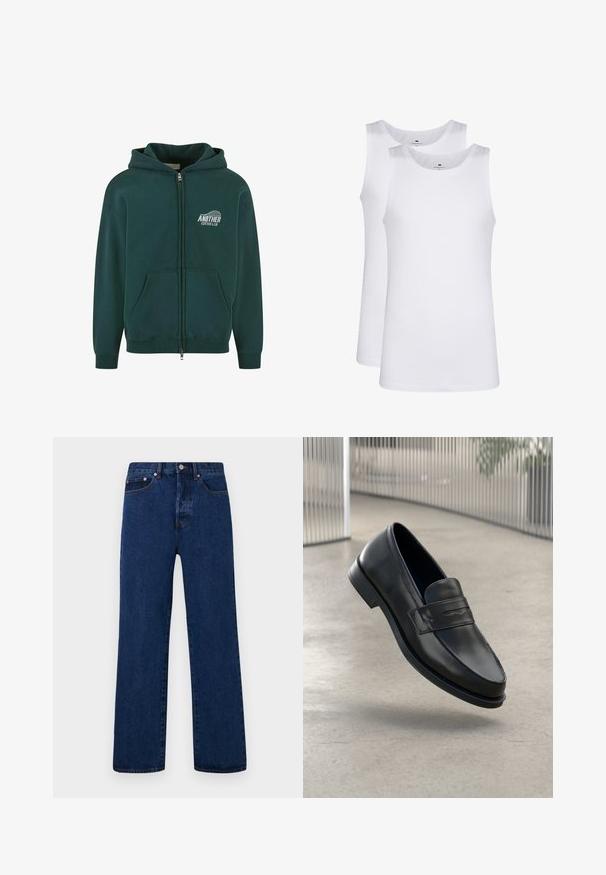 Felpa con zip verde scuro in materiale cotone, presenta una tasca frontale e cappuccio, con la scritta "ANOTHER COTTON LAB" stampata in bianco sul lato sinistro del petto.; Top in cotone bianco, design senza maniche, collo rotondo, texture liscia, realizzato in un tessuto morbido e leggero. Due pezzi esposti.; Jeans in denim blu scuro con taglio dritto, dotati di cuciture arancioni, patta con bottoni e due tasche frontali con rivetti a contrasto.; Mocassino in pelle nera con texture liscia, punta appuntita e una fascia decorativa sul collo del piede. Suola leggera, design minimale.