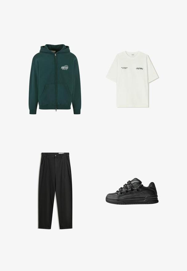 Felpa con zip verde scuro in materiale cotone, presenta una tasca frontale e cappuccio, con la scritta "ANOTHER COTTON LAB" stampata in bianco sul lato sinistro del petto.; T-shirt bianco in cotone con maniche corte. La parte anteriore presenta testo nero: "NON DOMANI NON OGGI" e "L'ARTE DEL MUOVERE LA POLVERE" in corsivo verde.; Pantaloni in cotone neri con una vestibilità rilassata, dotati di una vita classica, pieghe frontali e tasche laterali. Tessuto liscio senza fantasie.; Sneaker nere con una toma in pelle liscia, dettagli testurizzati e lacci tondi neri e bianchi. Suola spessa in gomma con battistrada gommato.