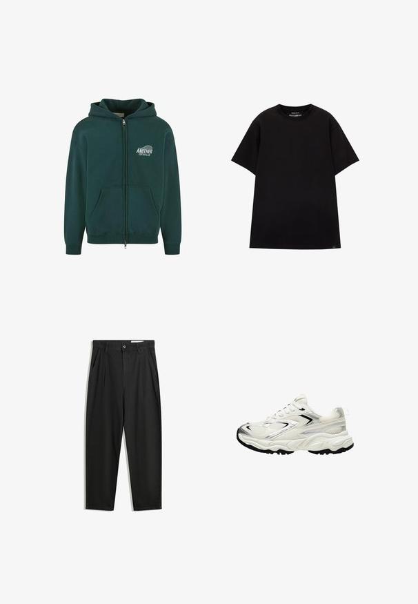 Tmavě zelená mikina na zip vyrobená z bavlny, obsahuje čelní kapsu a kapuci, s nápisem "ANOTHER COTTON LAB" vytištěným bílou barvou na levé části hrudníku.; PULL&BEAR JOIN LIFE - Jednoduché tričko - black; Černé bavlněné kalhoty s uvolněným střihem, klasickým pasem, předními záhyby a bočními kapsami. Hladká textura bez vzorů.; Bílé tenisky s textilním svrškem, stříbrnými detaily, černou podešví a strukturovanými panely. Obsahují šněrovací design a zaoblený tvar špičky.