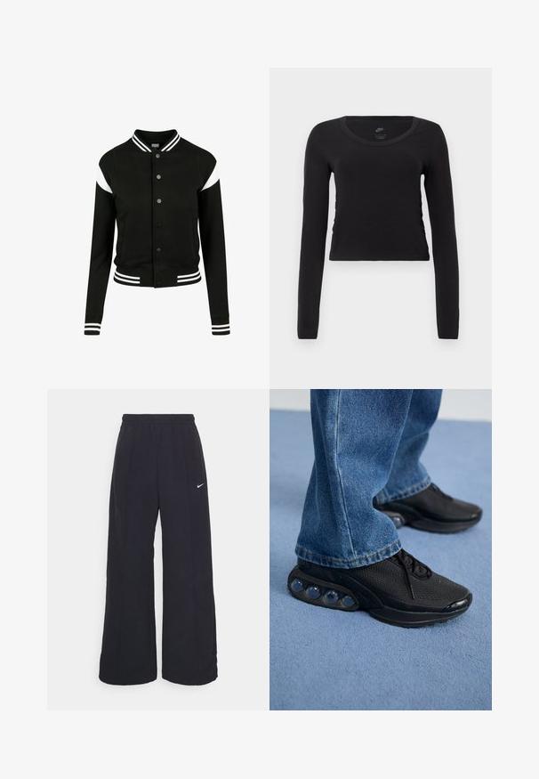 Črno univerzitetno jakno z belimi detajli, rebrastimi manšeti in robom, z gumbnim zapiranjem, dvema stranskima žepoma, izdelano iz mehke tkanine. Klasičen športni dizajn.; Dolga majica s kratkimi rokavi, skrajšana, v enotni črni barvi iz bombaža. Ima okroglo ovratnik in rahlo nabiranje na straneh za prileganje.; Črne široke hlače s elastiko v pasu in malim belim logotipom Nike. Tkanina ima gladko teksturo, zasnovano za udobje in sproščeno nošenje.; Črne športne superge z mrežastim zgornjim delom, teksturiranimi poudarki in vidnimi zračnimi blazinicami v podplatu. Obute z modrimi kavbojkami.