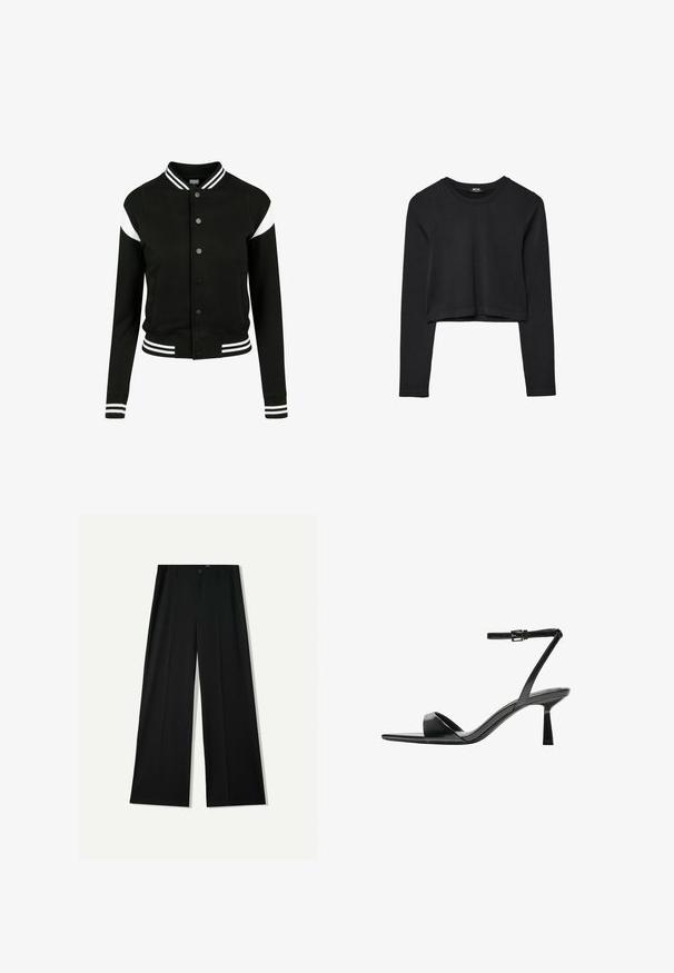 Črno univerzitetno jakno z belimi detajli, rebrastimi manšeti in robom, z gumbnim zapiranjem, dvema stranskima žepoma, izdelano iz mehke tkanine. Klasičen športni dizajn.; Črna dolgi rokavi prerezana majica s krožnim izrezom, enostaven dizajn in rahlo ukrivljen rob.; Bershka WIDE - Hlače - black; Bershka Sandali z visoko peto - black