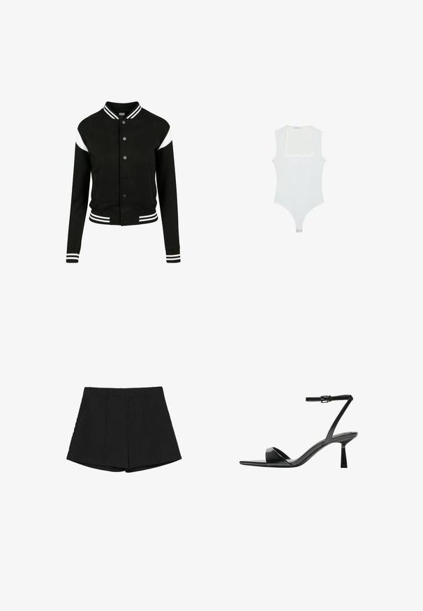 Čierna univerzitná bunda s bielymi akcentmi, rebrované manžety a lem, zapínanie na gombíky, dve bočné vrecká, vyrobená z mäkkej tkaniny. Klasický športový dizajn.; Biely body s hranatým výstrihom, bez rukávov, hladkou textúrou a patentom na dne. Jednoduchý a minimalistický štýl.; Čierne kraťasy s prispôsobeným dizajnom, s plochým predným dielom, dvoma bočnými vreckami a rovným lemom. Hladká tkanina s čistým povrchom.; Bershka Sandále na vysokom opätku - black