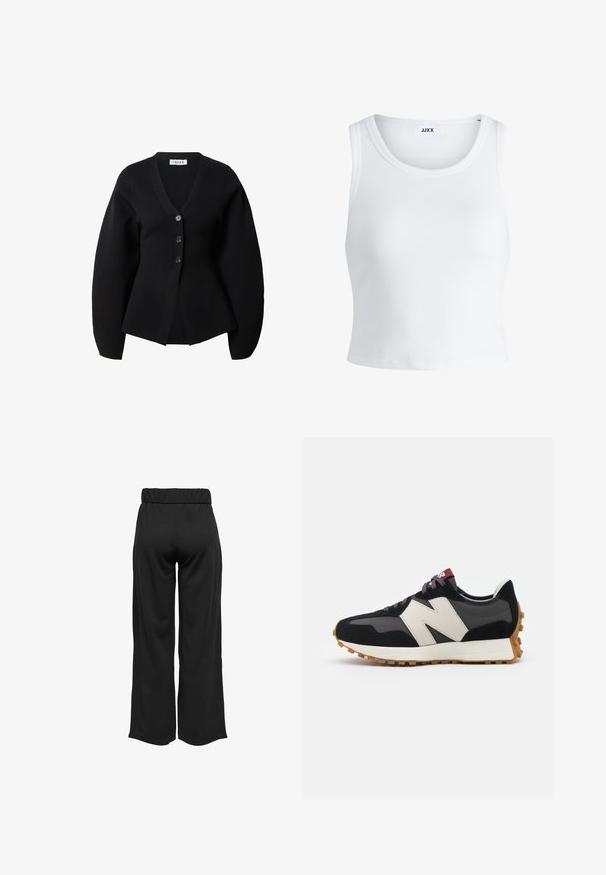 Schwarze Strickjacke mit langen, gepufften Ärmeln, tiefem V-Ausschnitt und vier vorderen Knöpfen. Hergestellt aus einem glatten Stoff mit einer taillierten Silhouette.; Weißes, geripptes Tanktop mit rundem Halsausschnitt, ärmellosem Design und kurzer Länge. Das Etikett trägt die Aufschrift "JJXX". Glatte Stoffstruktur.; Schwarze, weit geschnittene Hose mit elastischem Bund, aus glattem Stoff gefertigt. Hat ein cleanes Design ohne Taschen oder sichtbare Nähte.; Schwarze und graue Wildledersneaker mit einem großen cremefarbenen "N"-Logo, lila Schnürsenkeln und einer strukturierten Gummisohle.