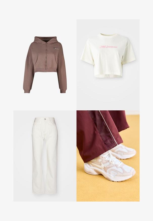 Cropped, zip-up hoodie in muted brown fabric. Features a front pocket, ribbed hem, and matching ribbed cuffs. Sport logo on upper left.; Cropped, cream-colored t-shirt made of cotton. Features a pink embroidered logo that reads "Nike Sportwear." Short sleeves and a round neckline.; White denim trousers with a high waist and wide-leg fit. Features a button and zipper closure, belt loops, and subtle stitching details.; Nike Sportswear AL8 - Trainers - platinum violet/white/metallic silver
