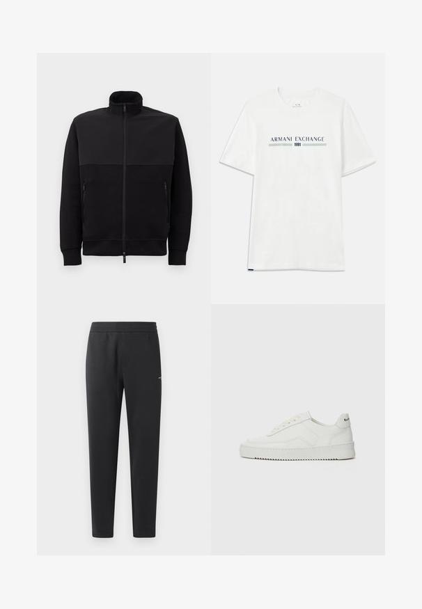 Melnā pilna rāvējslēdzēja jaka ar augstu apkakli, divām rāvējslēdzēja sānu kabatām un ribotām piedurknēm, novietota uz balta fona.; Baltas kokvilnas t-krekls ar īsām piedurknēm, ar zilu un zaļu "ARMANI EXCHANGE" logo un "1991" centrā zem tā.; Melni sporta bikses, kas izgatavotas no mīkstas auduma, ar elastīgu jostasvietu, taisnām kājām un nelielu logotipa detaļu sānos.; Baltas ādas sneakers ar gludu virsmu, apaļu pirkstu daļu, plakaniem šņorēm un teksturētu zoli. Satur diskrētu logotipu uz papēža.