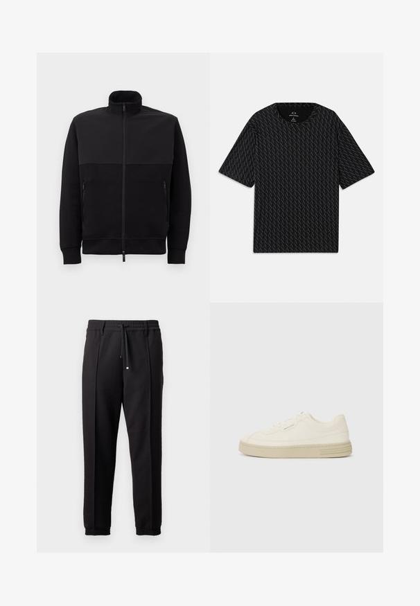 Casaco preto de fecho éclair completo com gola alta, dois bolsos laterais com fecho éclair e punhos canelados, disposto sobre um fundo branco.; Camiseta preta com um padrão texturizado de logótipos 'A' alternados, mangas curtas e decote redondo. Feita de tecido leve.; Calças pretas com uma cinta na cintura, cordão ajustável e punhos elásticos. Apresenta pregas e um tecido liso e texturizado.; Ténis de tela brancos com sola de borracha texturizada, apresentando uma biqueira cosida e um detalhe com o logótipo no calcanhar. Design simples com atacadores.