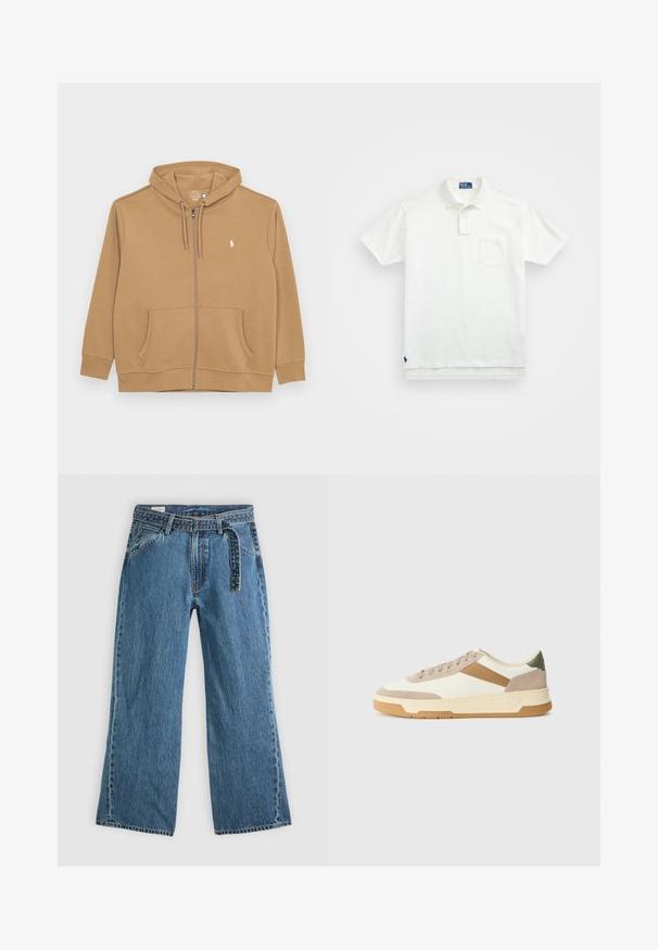 Polo Ralph Lauren Big & Tall DOUBLE-KNIT FULL-ZIP HOODIE - Φούτερ με φερμουάρ - new bronze; Λευκή πόλο μπλούζα από βαμβάκι, με κλασικό γιακά, τριπλή κουμπιέρα και τσέπη στο αριστερό στήθος; μικρό λογότυπο στο μανίκι.; Μπλε τζιν παντελόνι wide-leg με ενσωματωμένη ζώνη, εμπρόσθιες τσέπες και ορατή ραφή σε απλή ανοιχτόχρωμη φόντο.; Αθλητικά παπούτσια σε μπεζ, κρεμ και ελαιοπράσινο χρώμα, κατασκευασμένα από σουέτ και δέρμα, με στρογγυλή μύτη, μινιμαλιστικό σχέδιο και καουτσούκ σόλα.
