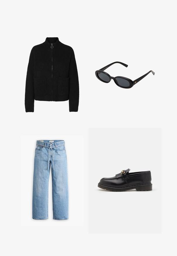 Cárdigan negro con cierre, hecho de una suave tela texturizada, con un cuello alto y dos bolsillos frontales. Diseño simple con acentos mínimos.; Camiseta de manga corta blanca de algodón, con cuello redondo y corte relajado, sin patrones ni gráficos visibles.; Jeans anchos de denim azul claro con cintura alta, cierre de botón y cremallera, y detalle de cordón en la cintura. Acabado con dobladillo sin rematar.; Mocasines de cuero negro con punta redondeada, flecos decorativos y acentos en dorado. Suela de goma gruesa para mayor tracción y durabilidad.; Gafas de sol grandes de color negro con lentes ovalados, montura de plástico suave y detalles dorados en las patillas. Los lentes oscuros ofrecen protección solar.